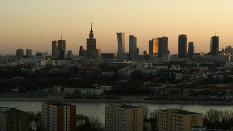 Drone view of Warsaw during sunset Stock Footage 89633630