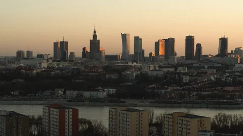 Drone view of Warsaw during sunset Stock Footage 89664776