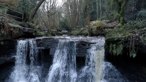 Drone View of waterfall, pulling away, Goit Stock, Yorkshire Stock Footage 93241109
