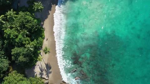 Drone view of waves crashing into beach and forest in Seychelles Stock Footage 152263974