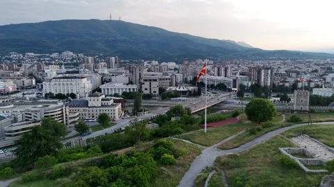 Drone View of Waving National Flag at Skopje Fortress, 4K Vídeos de archivo 337175698