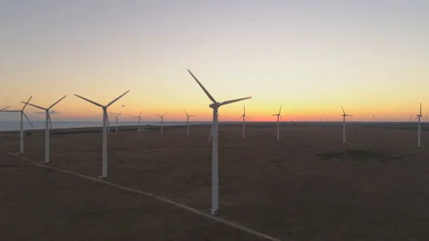 Drone view of wind farm at dusk Stock Footage 137226099