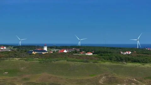 Drone view of a wind farm at sunset. Multiple wind turbines, Stock Footage 261726797