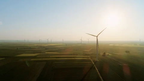 Drone view of wind generators on sunny morning  Stock-Footage 112319160