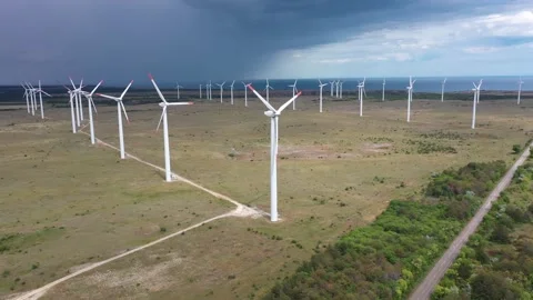 Drone view of a wind turbine.The drone passes through the propeller.Kaliakra. Stock Footage 132255794