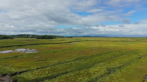 Drone View of Wind Turbines Above a Coastal Salt Marsh in Ipswich, Massachusetts Stock Footage 345700004
