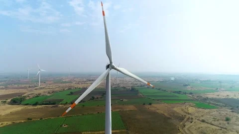 Drone View of Wind Turbines Across Agricultural Fields in Gujarat, India 04 Stock Footage 341387734