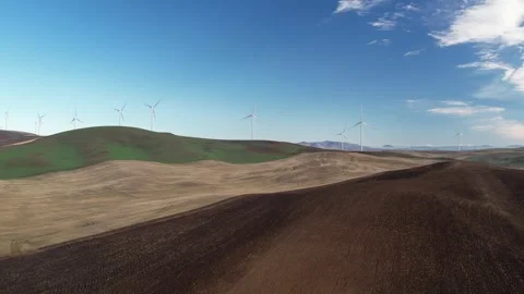 Drone View of Wind Turbines and Mountain Horizon on the Palouse Stock Footage 287372822