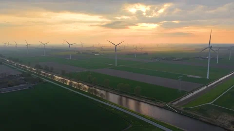 Drone view of wind turbines at sunset. Stock Footage 307105009