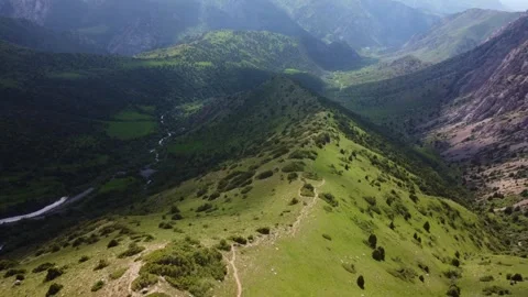 Drone view of winding trail on mountain green crest in Kazakhstan 스톡 동영상 337140908