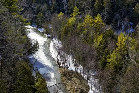 Drone view of winter landscape of the forest in early spring Stock Photos