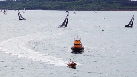 Drone View of Yachts Racing in the 2025 Round the Island Race Isle of Wight Stock Footage 337932612