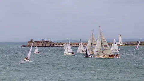 Drone View of Yachts Racing in the 2025 Round the Island Race Isle of Wight Stock Footage 337933009