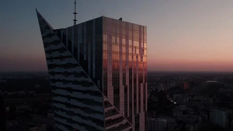 Drone view of Zlota 44 skyscraper in Warsaw at sunset Video stock 342928542