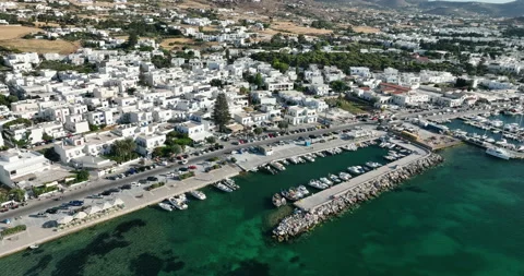Drone views over the harbor and town on the Island of Paros in Greece. Stock Footage 233326197
