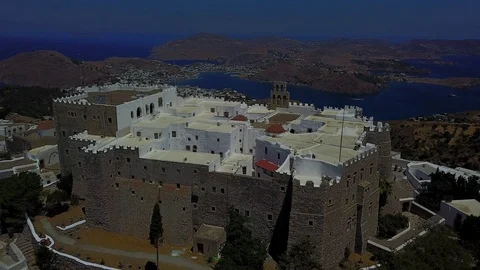Drone views of Saint John monastery on Patmos island Greece Stock Footage 114389966