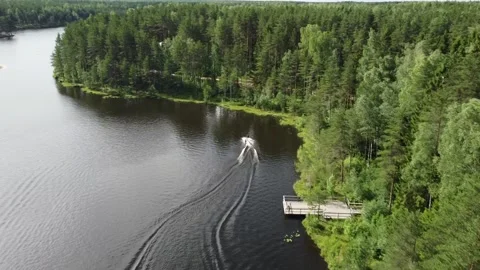 Drone Wakeboarder on System 2.0 Dark Lake Green Forest Beach in the Distance Stock Footage 134336512