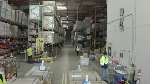 Drone In Warehouse Workers Working During Covid 19 4 Stock Footage 168154936