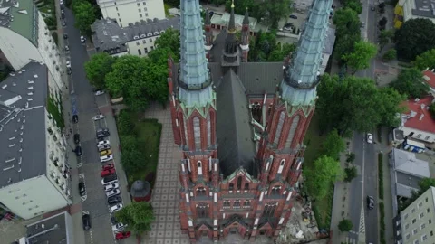 Drone Warsaw city view through the towers of the church, 4k Stock Footage 200735974