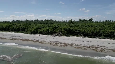 Drone waterside view of Atlantic Ocean waves touching the sandy shore before Stock Footage 228626372