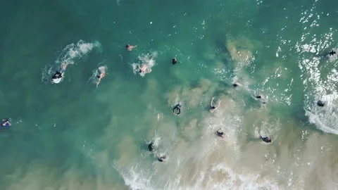 Drone Waves Ocean People Surfing Bodysurf Swimming Coast Beach Board Surf Stock Footage 200988253