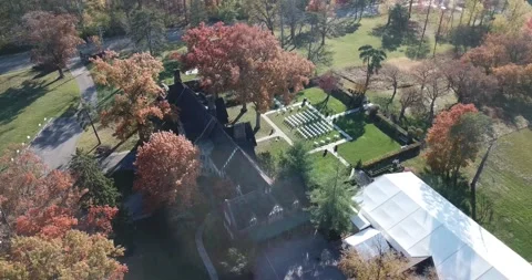 Drone of Wedding Ceremony at Mansion in Fall - Pinecroft Mansion Cincinnati Stock Footage 148499685