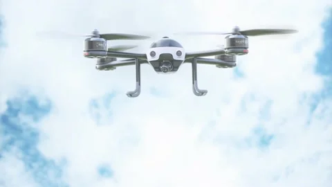 Drone white color flying in the cloud. Animation, 3D Render. Stock Footage 199733673