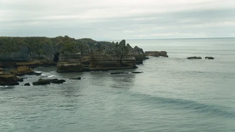 Drone wide shot of Pancake Rocks in Punakaiki Stock Footage 89997708