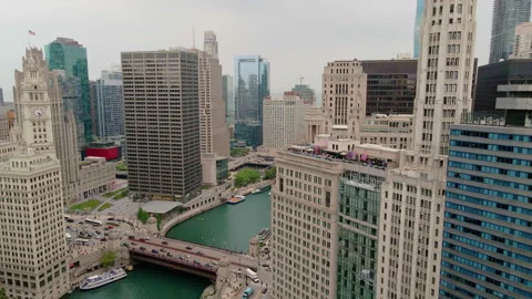 Drone wide view of element Chicago city downtown, capturing skyscrapers and Stock Footage 312342727