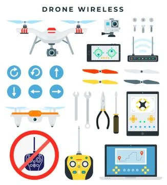 Drone with wireless control. Quadcopter and all necessary accessories and tools Stock Illustration