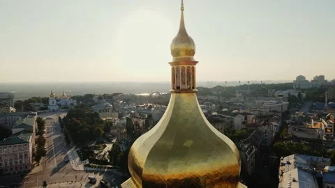 Drone wraps around Golden Dome of Saint Sophia's Cathedral, Kyiv, Ukraine. Stock Footage 201424933