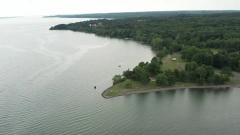 Drone Zoom Out Over Cayuga Lake Shoreline, Finger Lakes New York 4K Stock-Footage 140765141