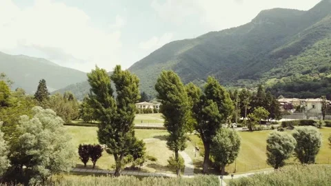 Drone zoom out from a tree to a panoramic view of italian lake, aerial Stock Footage 276224486