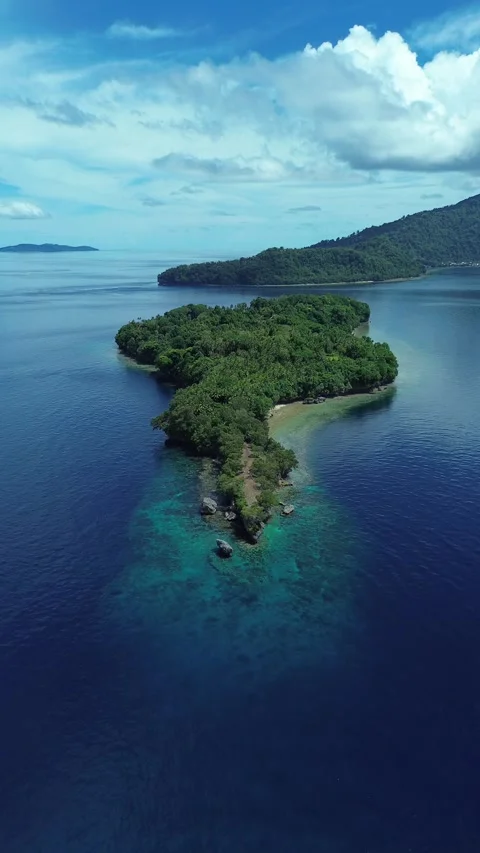 Drone zoom over vibrant reef near Pisang Island shoreline Stock Footage 325369357
