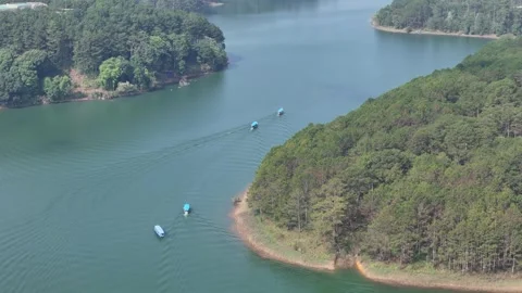 Drone zooming toward pine forest and boats on misty Tuyen Lam Lake Stock Footage 336972547