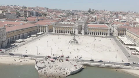 Drone/Aerial Footage, Day, of the Praça do Comércio along the Tagus River in Lis Stock Footage 224940204