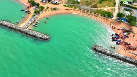 Drone's aerial, breakwaters reveal their vital role in coastal protection. Stock Footage 249727346