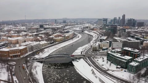 A drone’s aerial view of downtown Vilnius on a snowy winter day Stock Footage 325619882