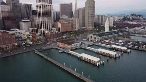 A drone's aerial view of the Ferry Building in San Francisco shows the Stock Footage 281218869