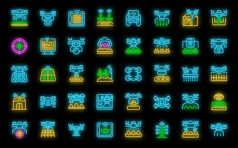 Drones in agriculture icons set vector neon Stock Illustration