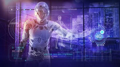 Drones and virtual reality infographic on sci-fi background. 스톡 일러스트