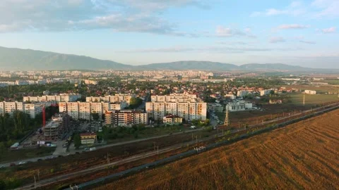 Drones Approaches Obelya district of Sofia during Sunrise Stock Footage 336486189