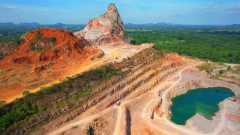Drones are flying over a large quarry Stock Footage 225389665