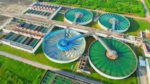 Drones are flying over water treatment plants for city Stock Footage 225391956