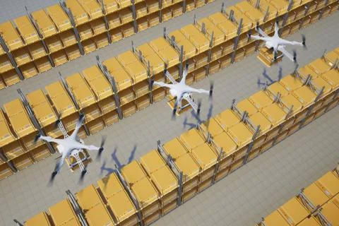 Drones with boxes fly above the warehouse Stock Illustration