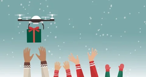 Drones bringing Christmas gifts to people Stock Footage 97504553