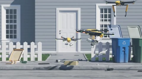 Drones cleaning streets from the garbage. Technology for sorting wastes. Ecology Video stock 163540038