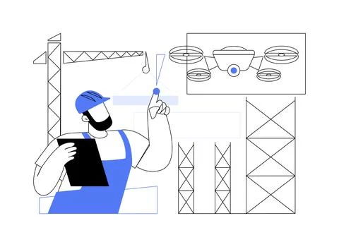 Drones in construction abstract concept vector illustration. Ilustración de archivo
