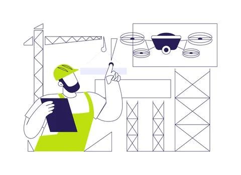 Drones in construction abstract concept vector illustration. Ilustración de archivo