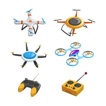 Drones with Controller as Unmanned Aircraft Isometric Vector Set Stock Illustration